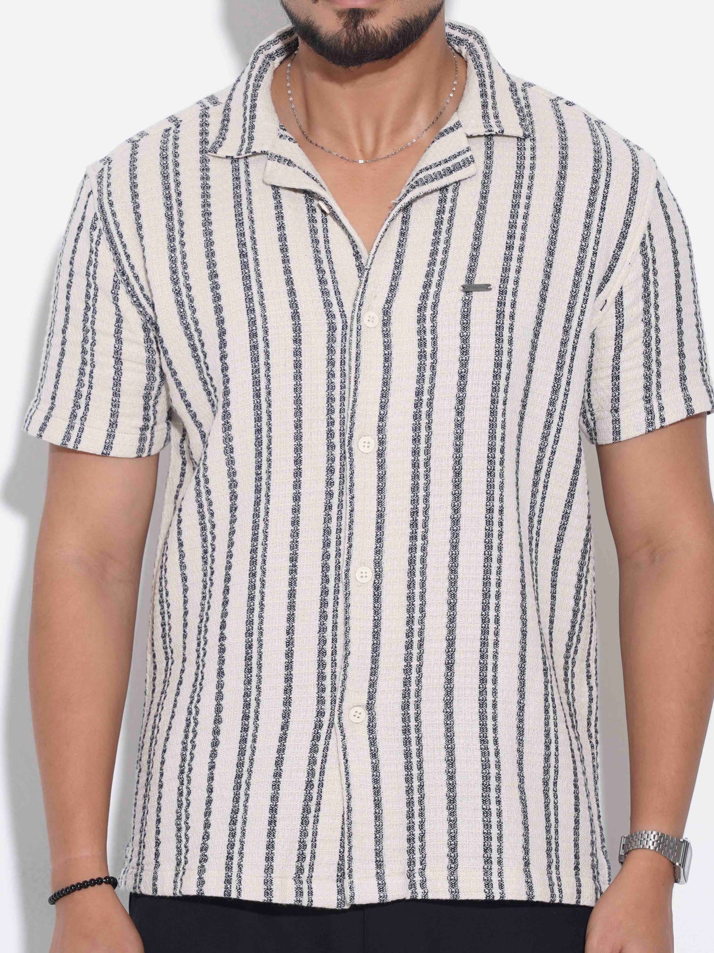 Cream Deep blue stripe printed havana shirt