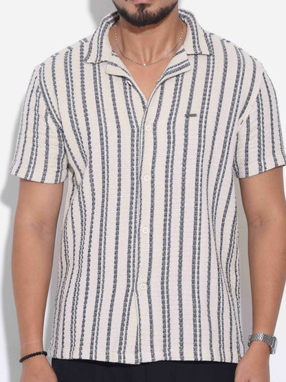 Cream Deep blue stripe printed havana shirt