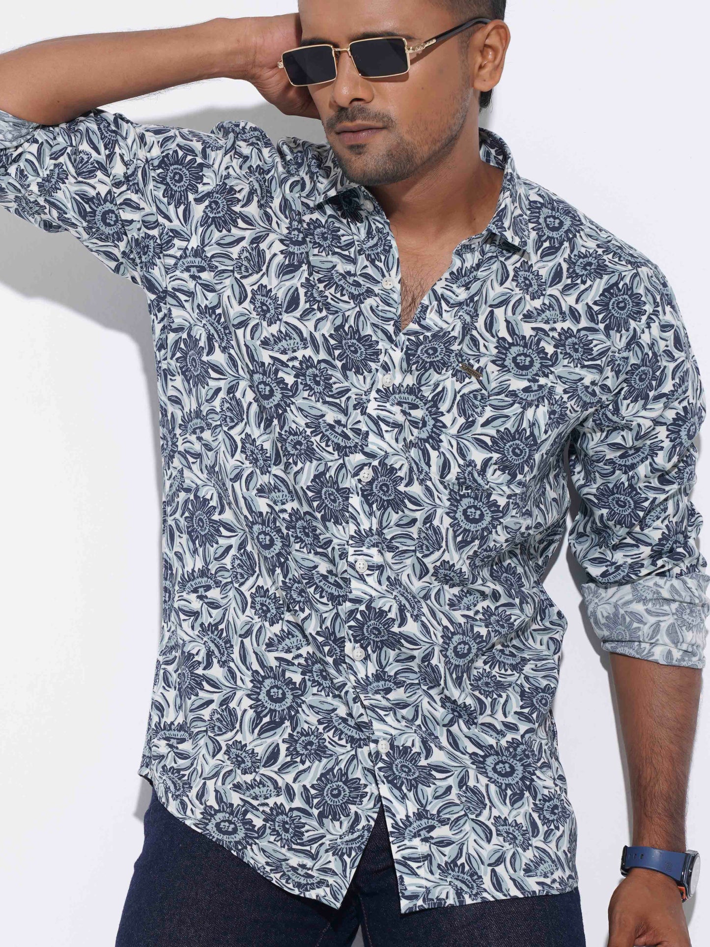 Navy Blue sunflower printed cotton full sleeve shirt