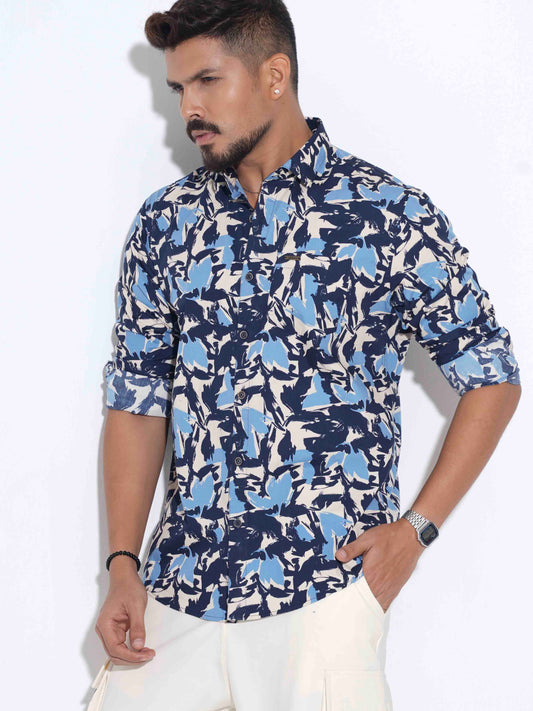 Cream Black Blue printed full sleeve shirt