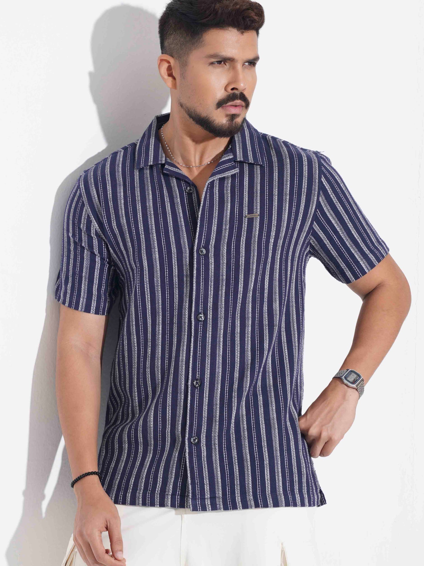 Midnight blue White Stripe remi cotton havana shirt