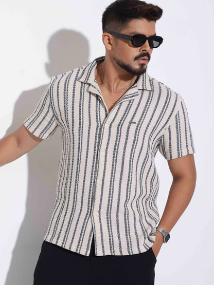 Cream Deep blue stripe printed havana shirt