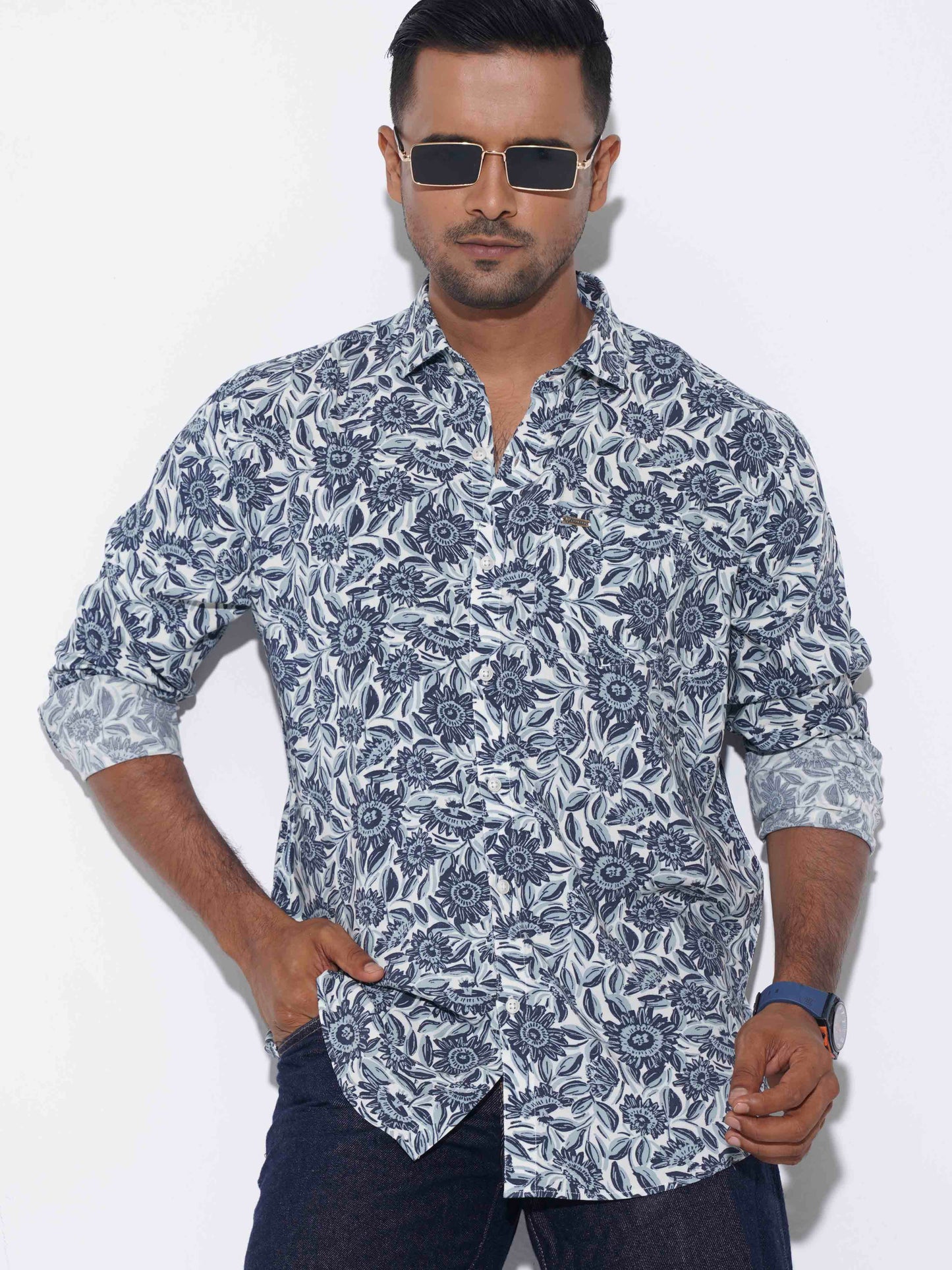 Navy Blue sunflower printed cotton full sleeve shirt