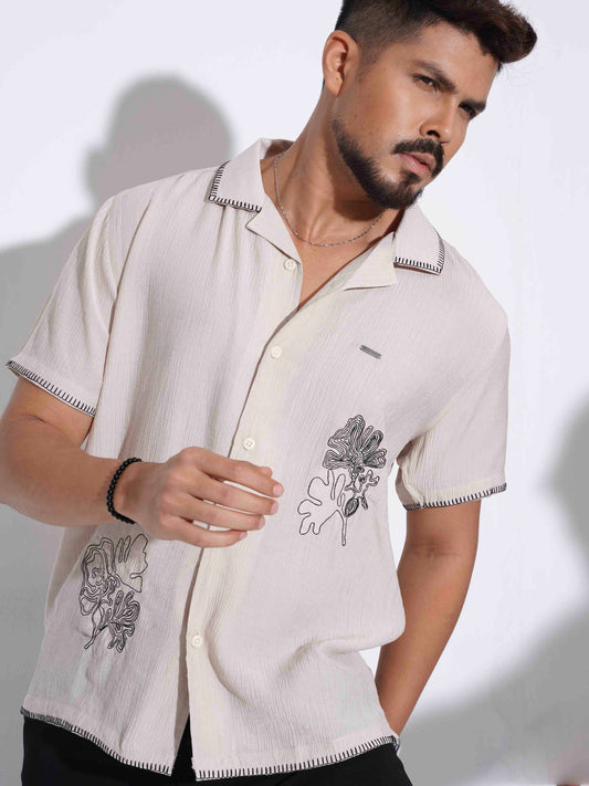 Cream Flower Embroidery Viscos havana shirt