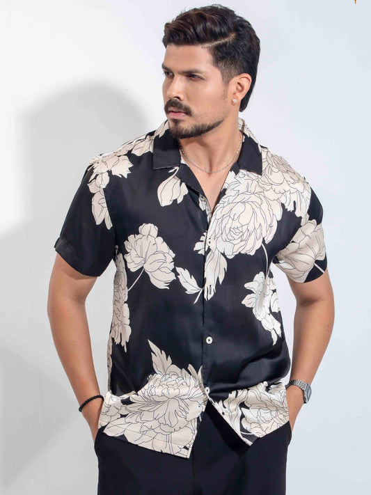 Black Flaky Cream Floral printed silk Havana shirt