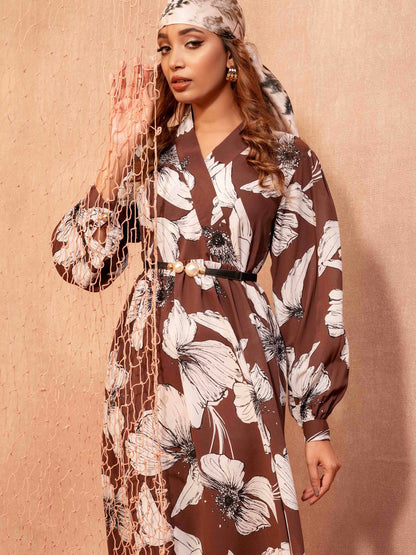 Pecan Hibiscus Printed Long Dress
