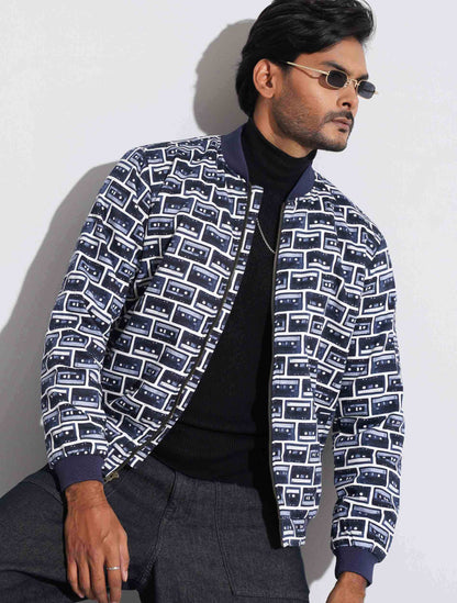 Blue cassette printed bomber jacket