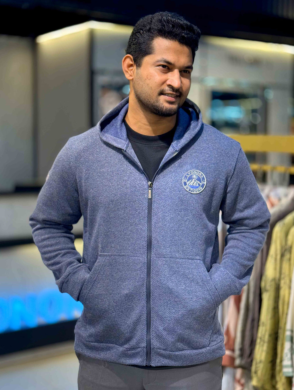Steel Blue Jacquard Knit Zipper Hoodie