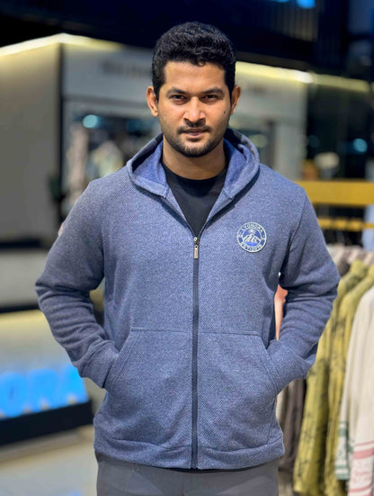 Steel Blue Jacquard Knit Zipper Hoodie