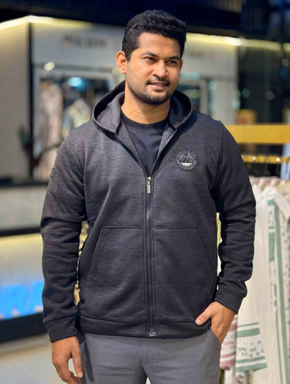 Coal Black Jacquard Knit Zipper Hoodie