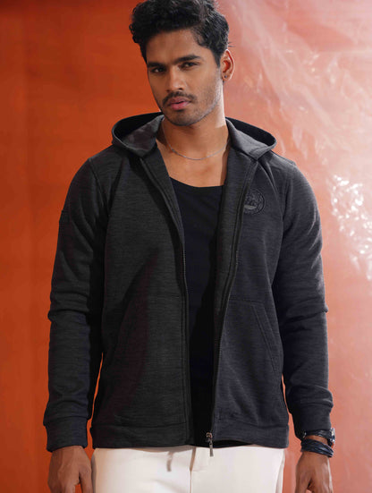Coal Black Jacquard Knit Zipper Hoodie