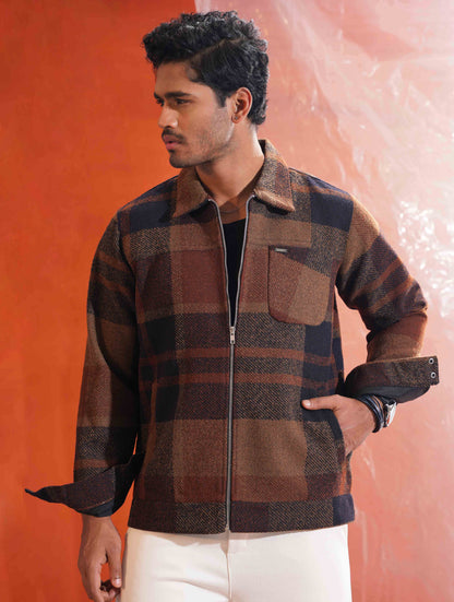 Rust Orange - Navy Blue Check flannel jacket