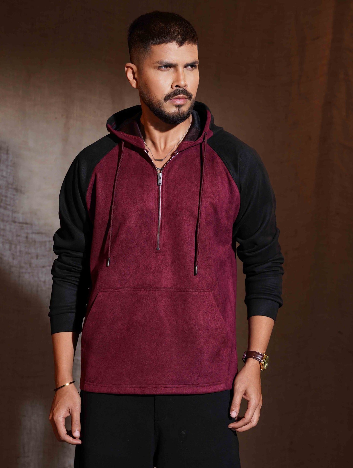 Valentine Red - Black Suede Leather Zipper Hoodie