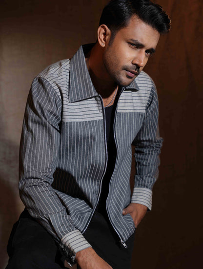 Gray Ash stripe  Shoulder Contrast zipper jacket