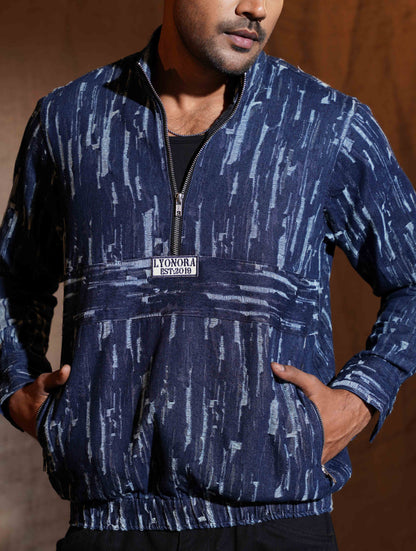 Blue denim Scratched half zipper jacket