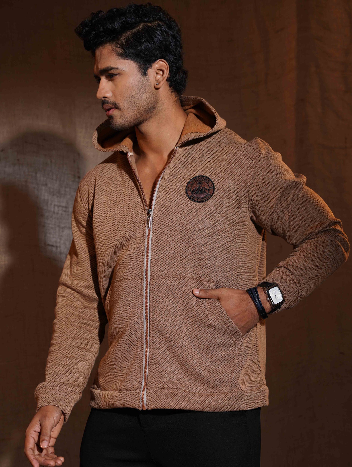 Bronze Orange Jacquard Knit Zipper Hoodie