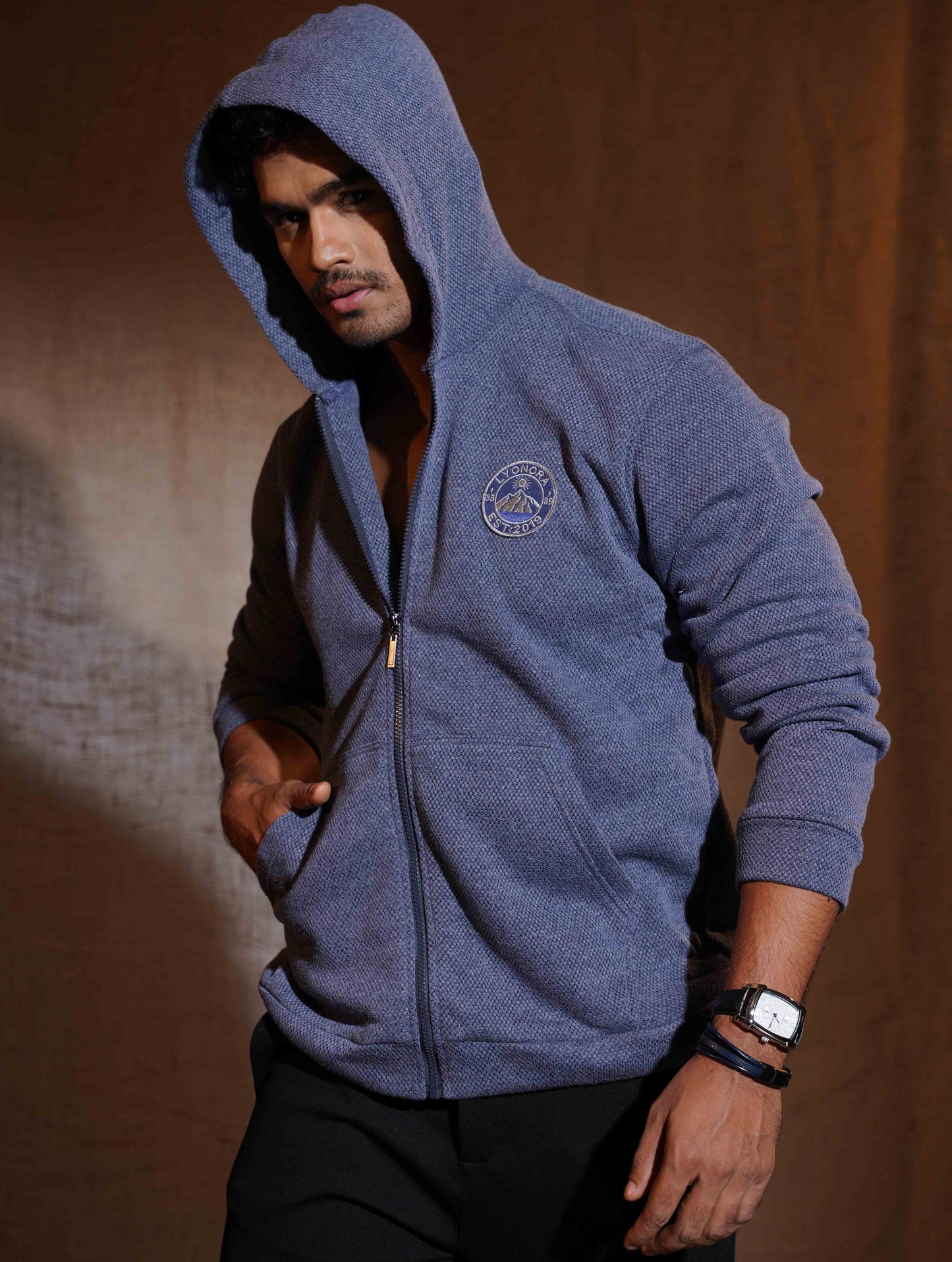 Steel Blue Jacquard Knit Zipper Hoodie