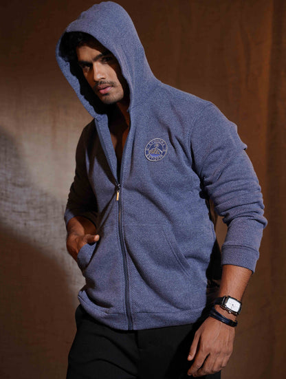 Steel Blue Jacquard Knit Zipper Hoodie
