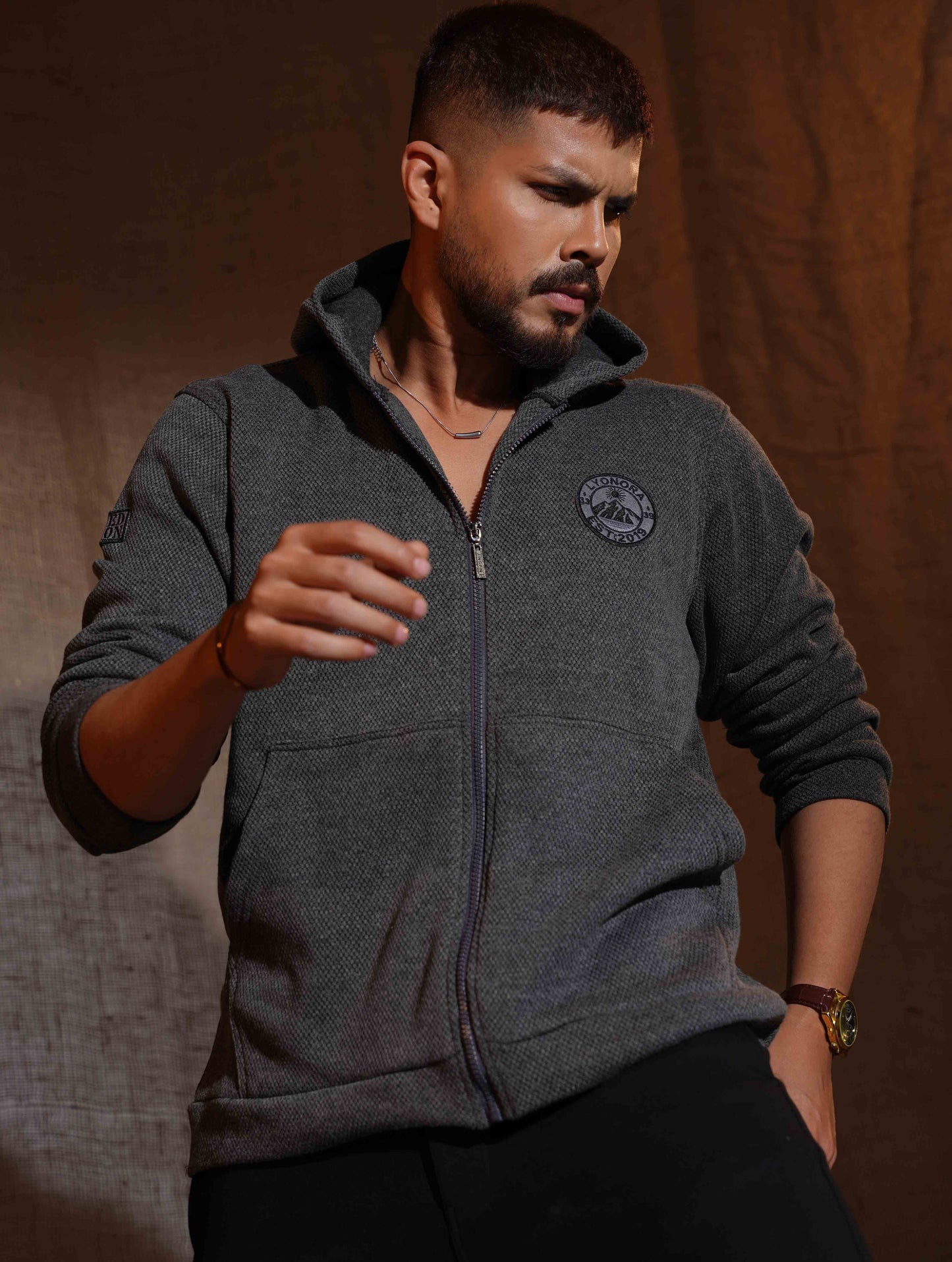 Iron Gray Jacquard Knit Zipper Hoodie