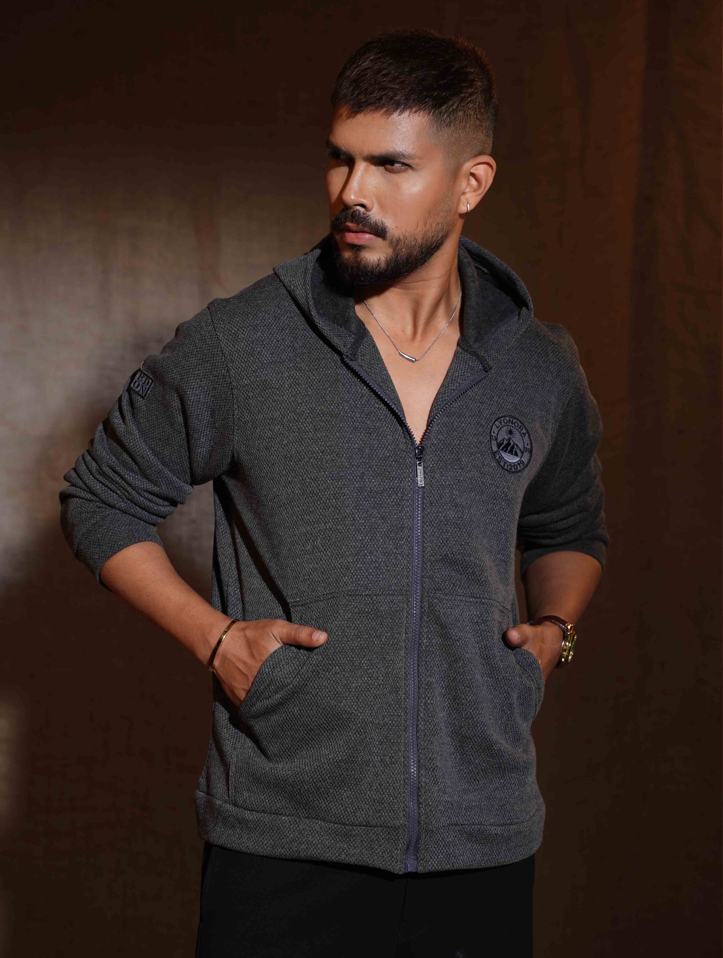 Iron Gray Jacquard Knit Zipper Hoodie