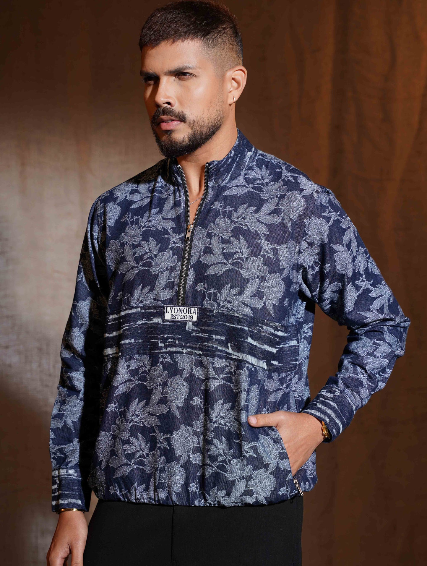 Blue Flower Printed half zipper jacket