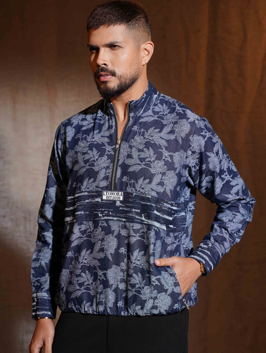 Blue Flower Printed half zipper jacket