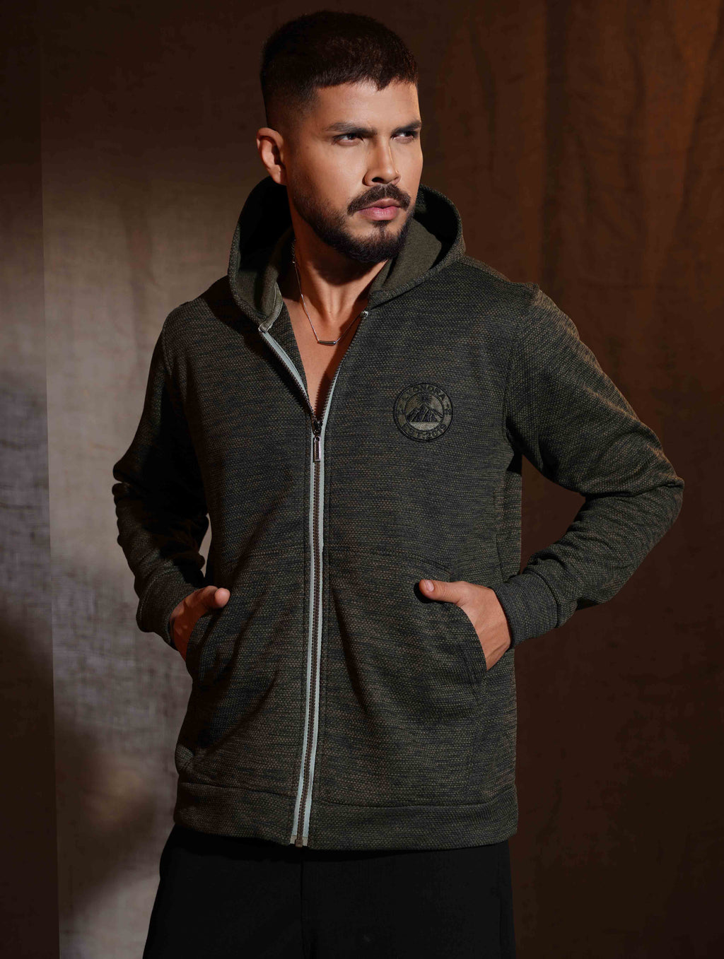 Army green Jacquard Knit Zipper Hoodie