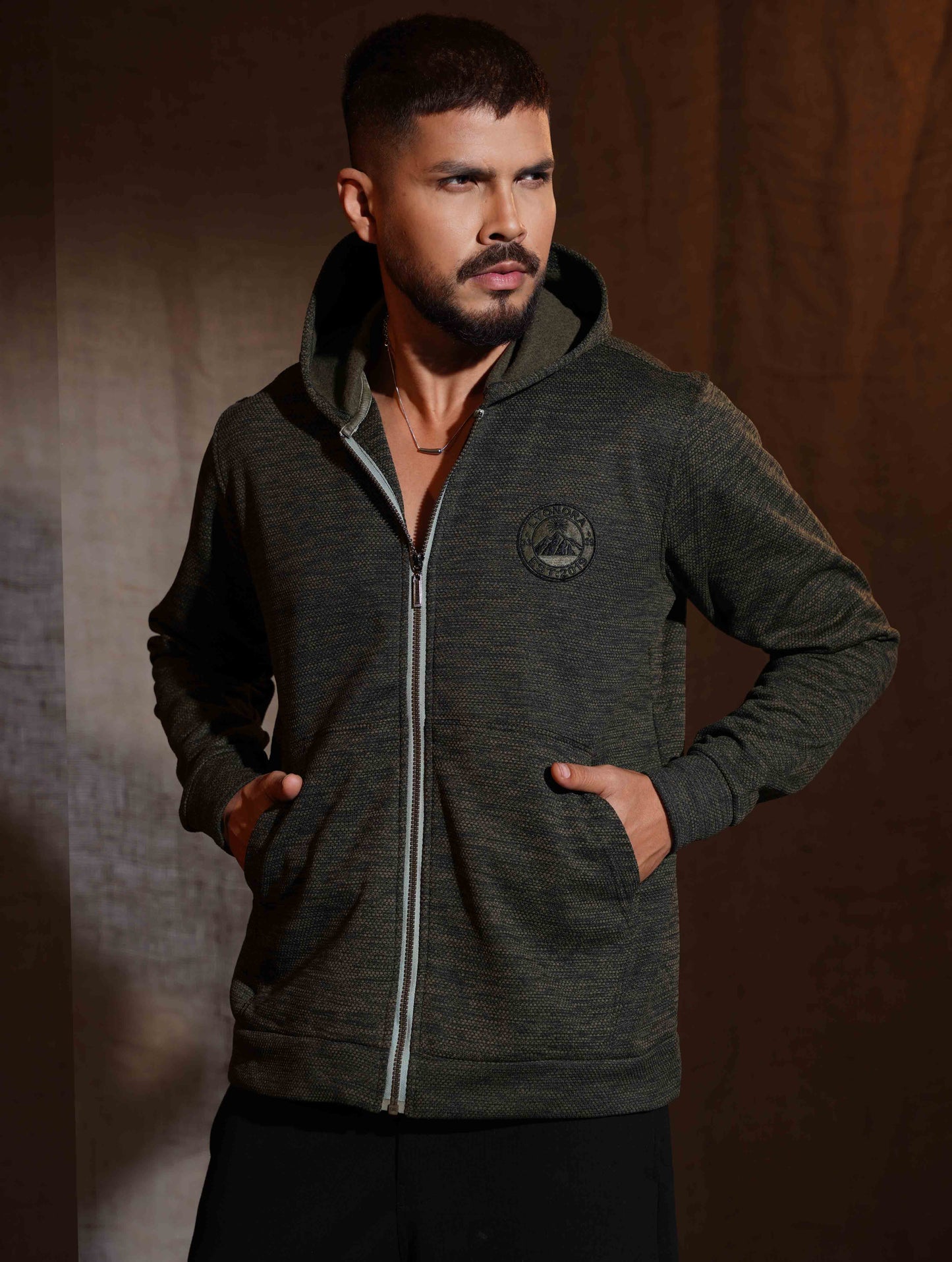 Army green Jacquard Knit Zipper Hoodie