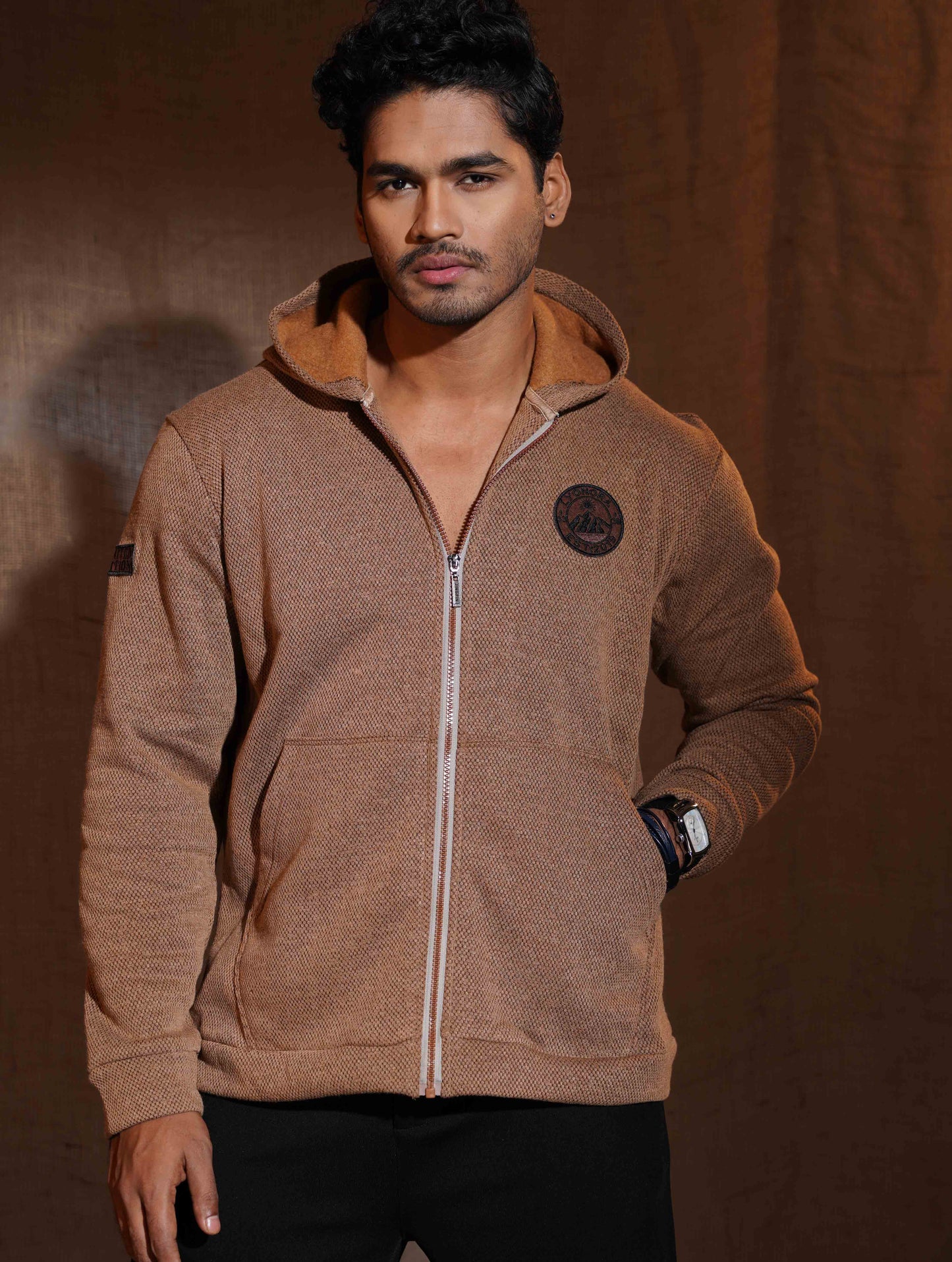 Bronze Orange Jacquard Knit Zipper Hoodie