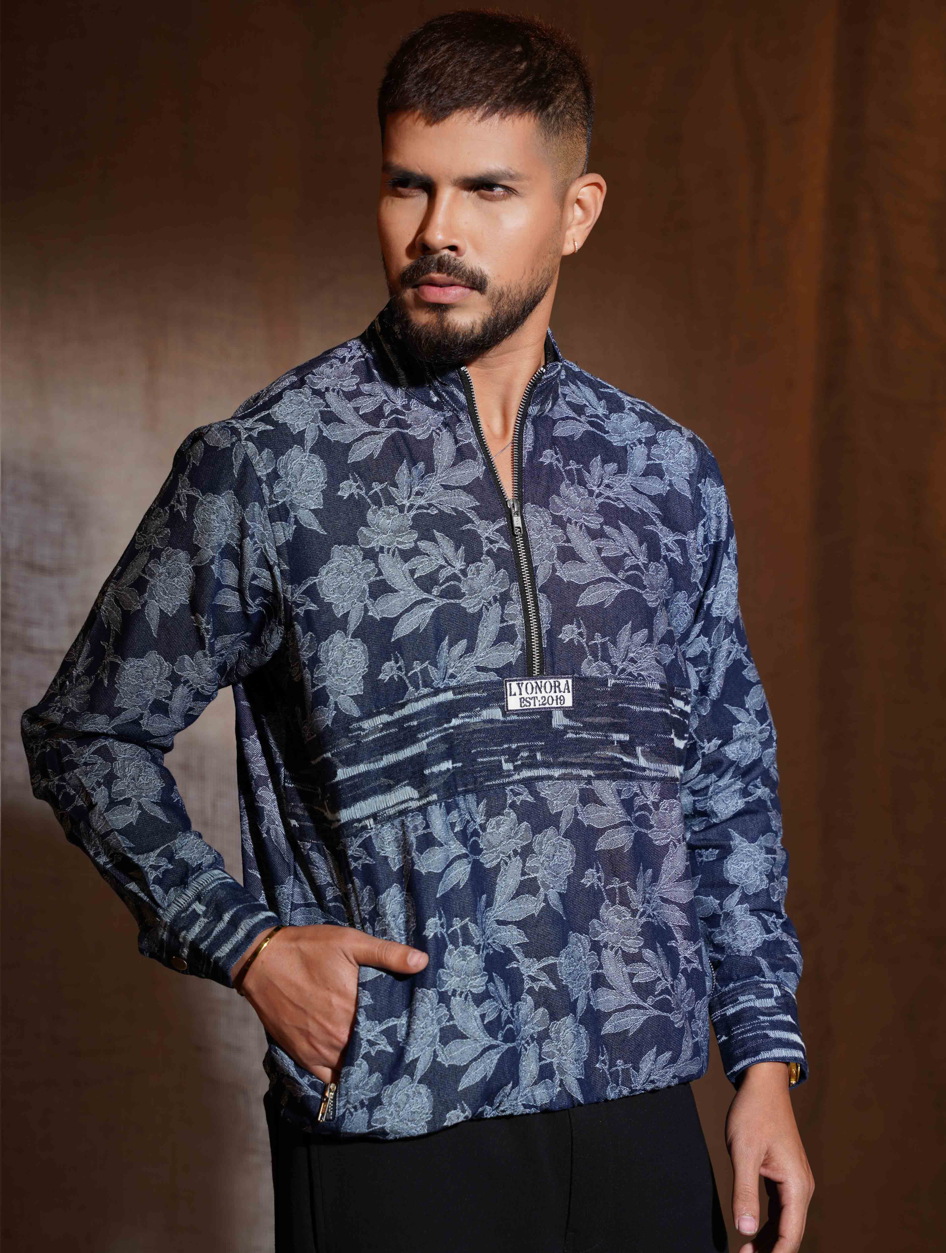 Blue Flower Printed half zipper jacket