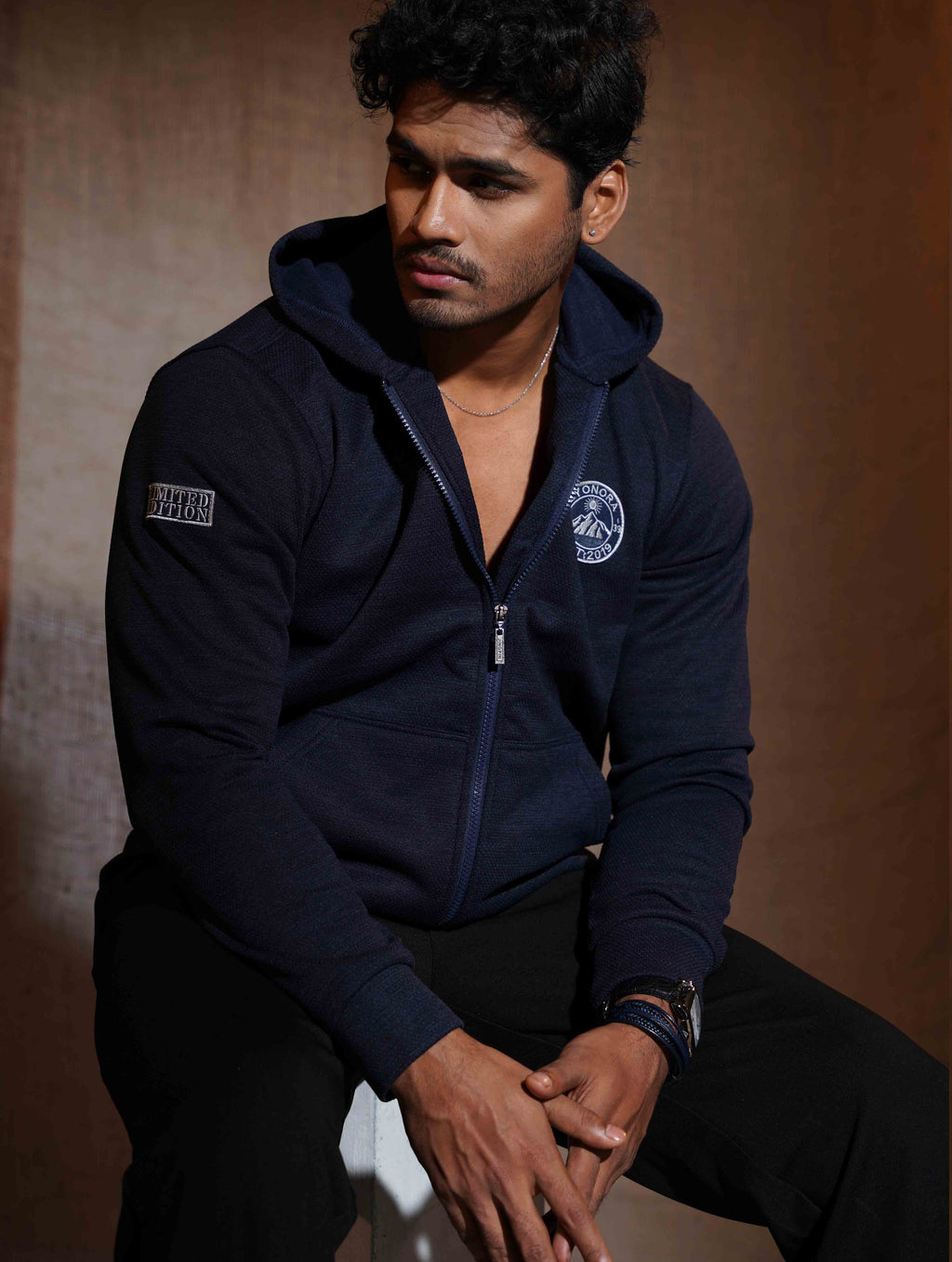 Deep Blue Jacquard Knit Zipper Hoodie