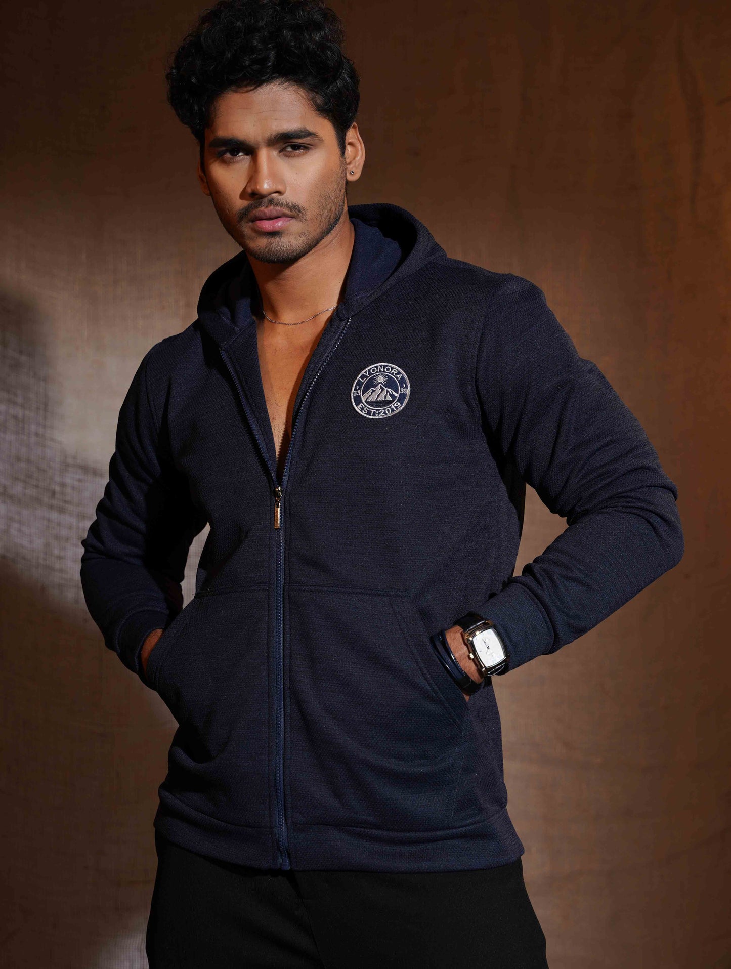Deep Blue Jacquard Knit Zipper Hoodie