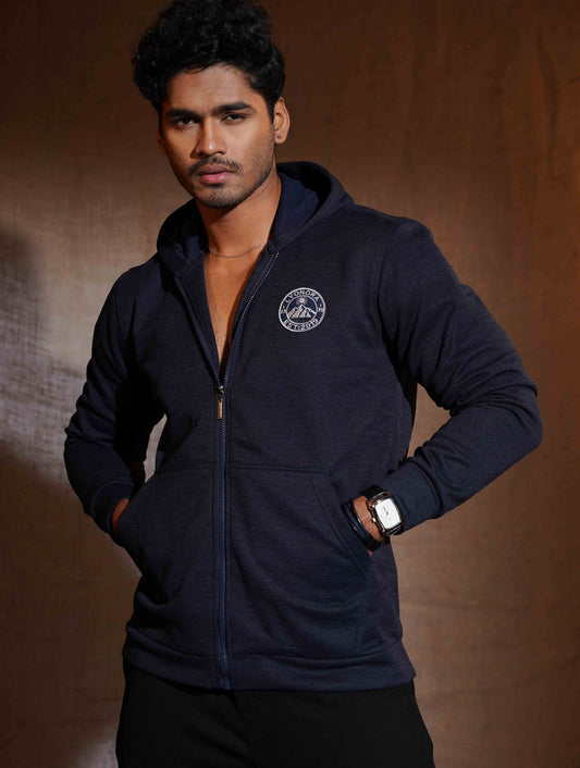 Deep Blue Jacquard Knit Zipper Hoodie