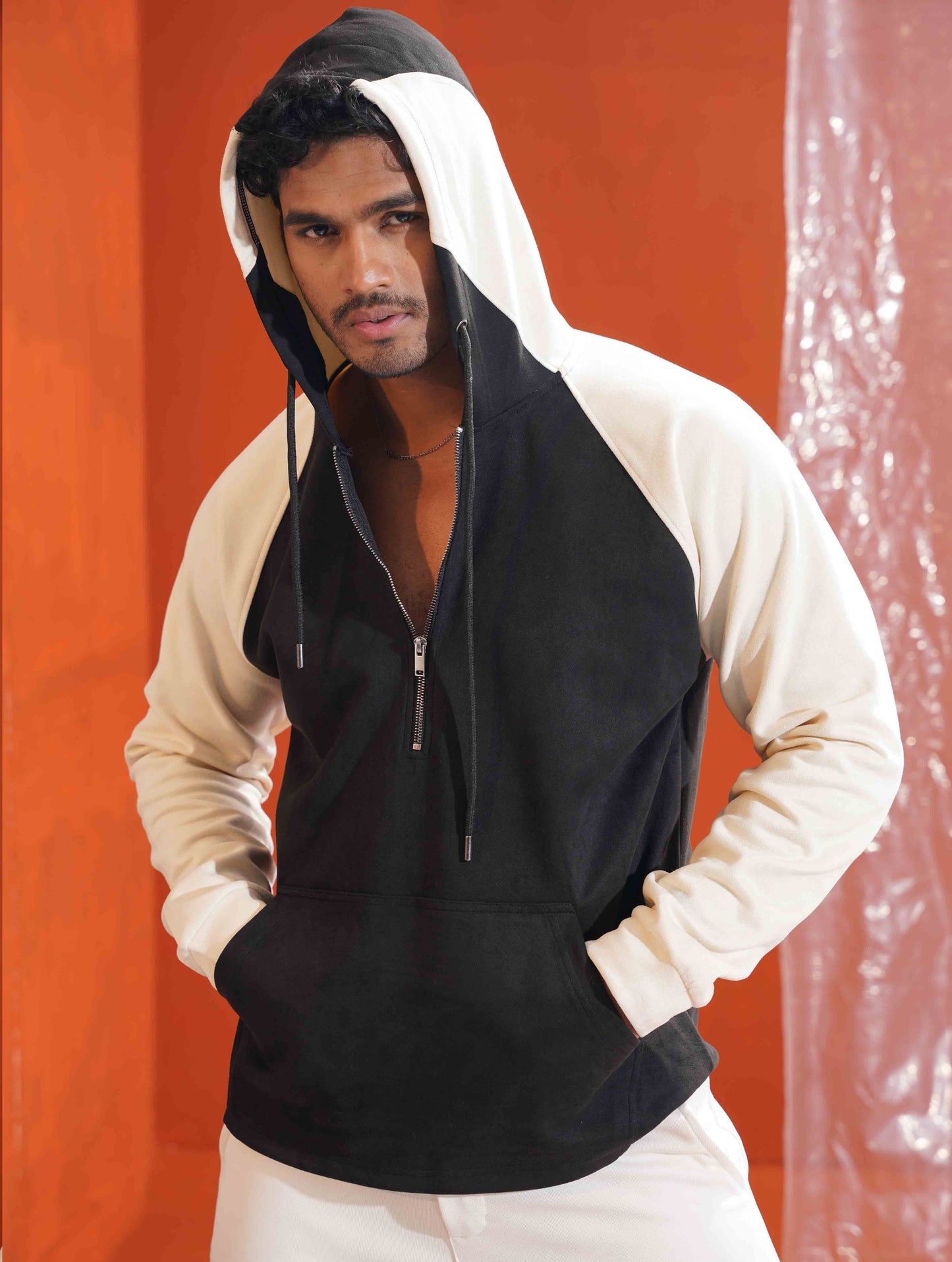 Obsidian Black  - White Suede Leather Zipper Hoodie