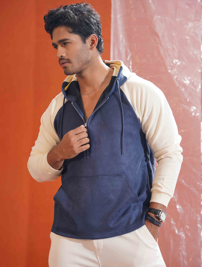 Admiral Blue - White Suede Leather Zipper Hoodie