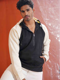 Obsidian Black  - White Suede Leather Zipper Hoodie