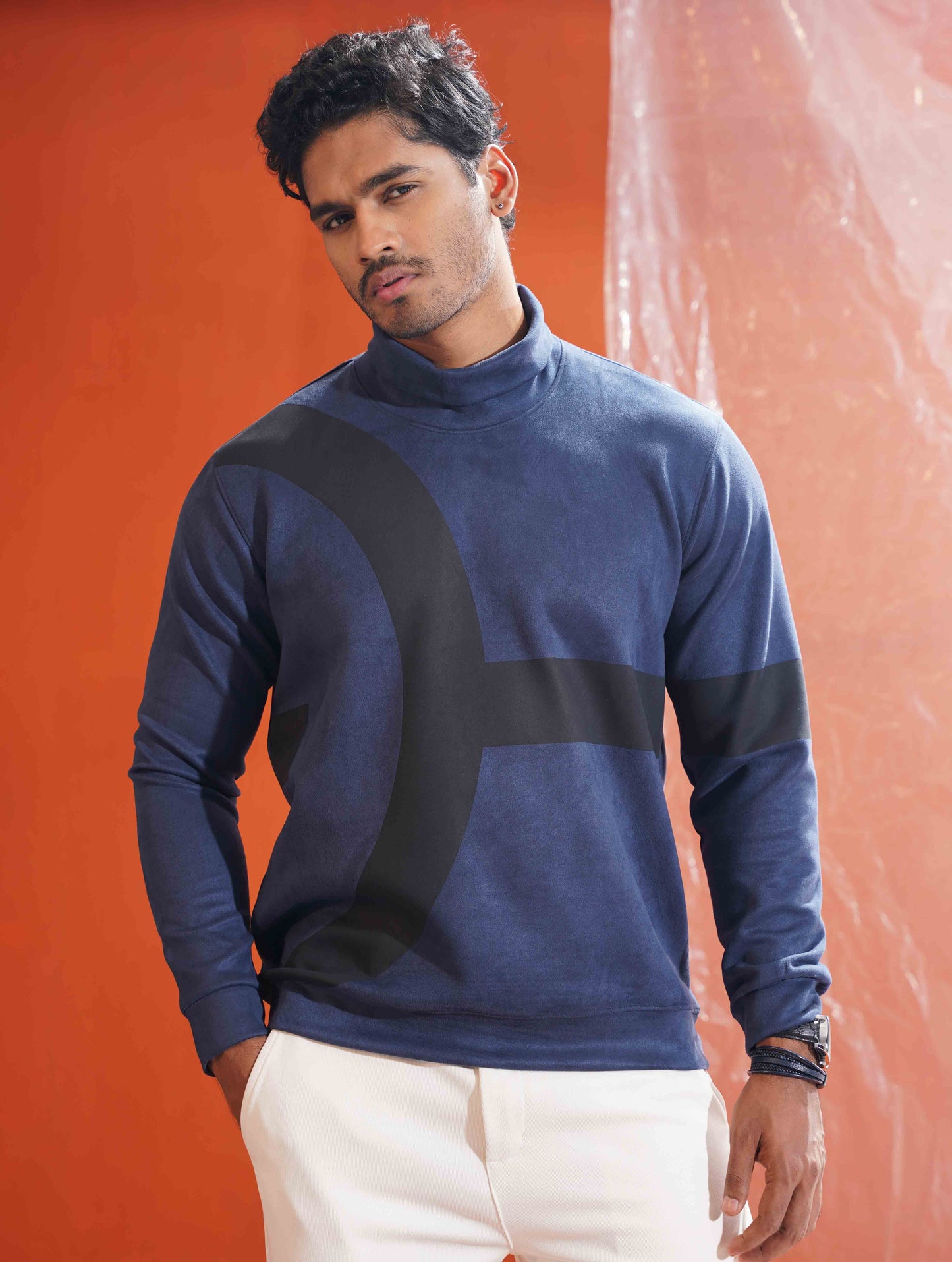 Pewter Blue - Black Suede leather High Neck Sweat Shirt