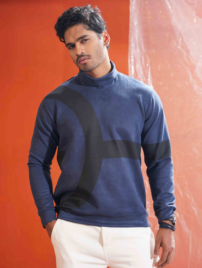 Pewter Blue - Black Suede leather High Neck Sweat Shirt