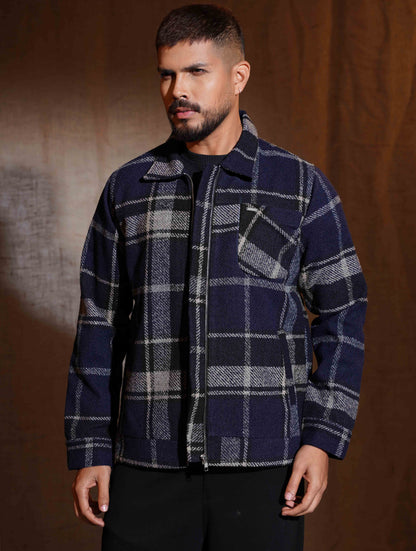 Midnight Blue Cream Check flannel jacket