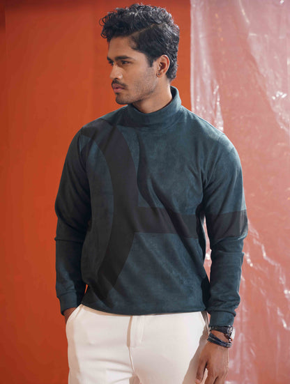 Cadmium green - Black Suede leather High Neck Sweat Shirt