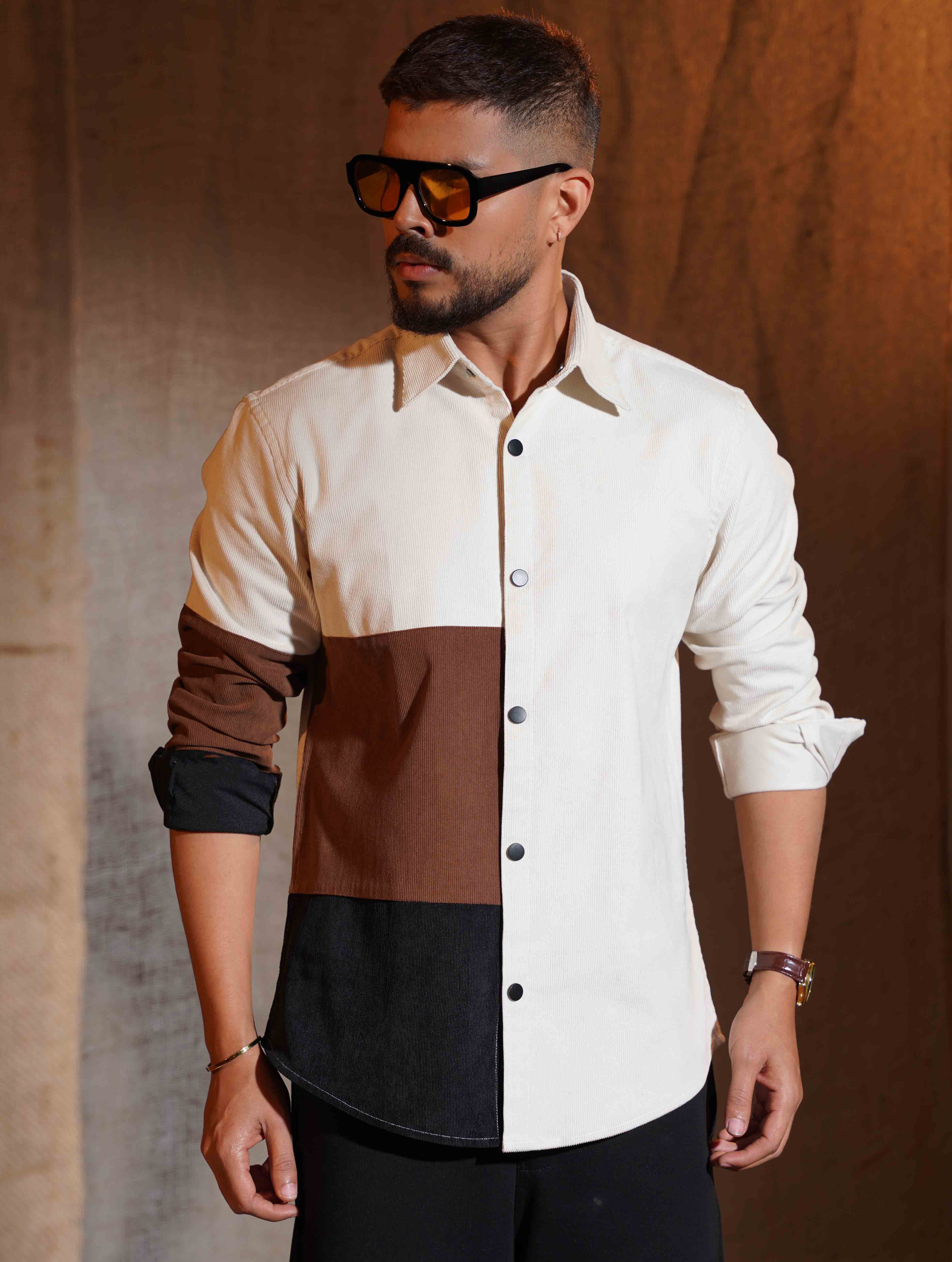 Cream Black Brown Hand Contrast Premium Cord Shirt