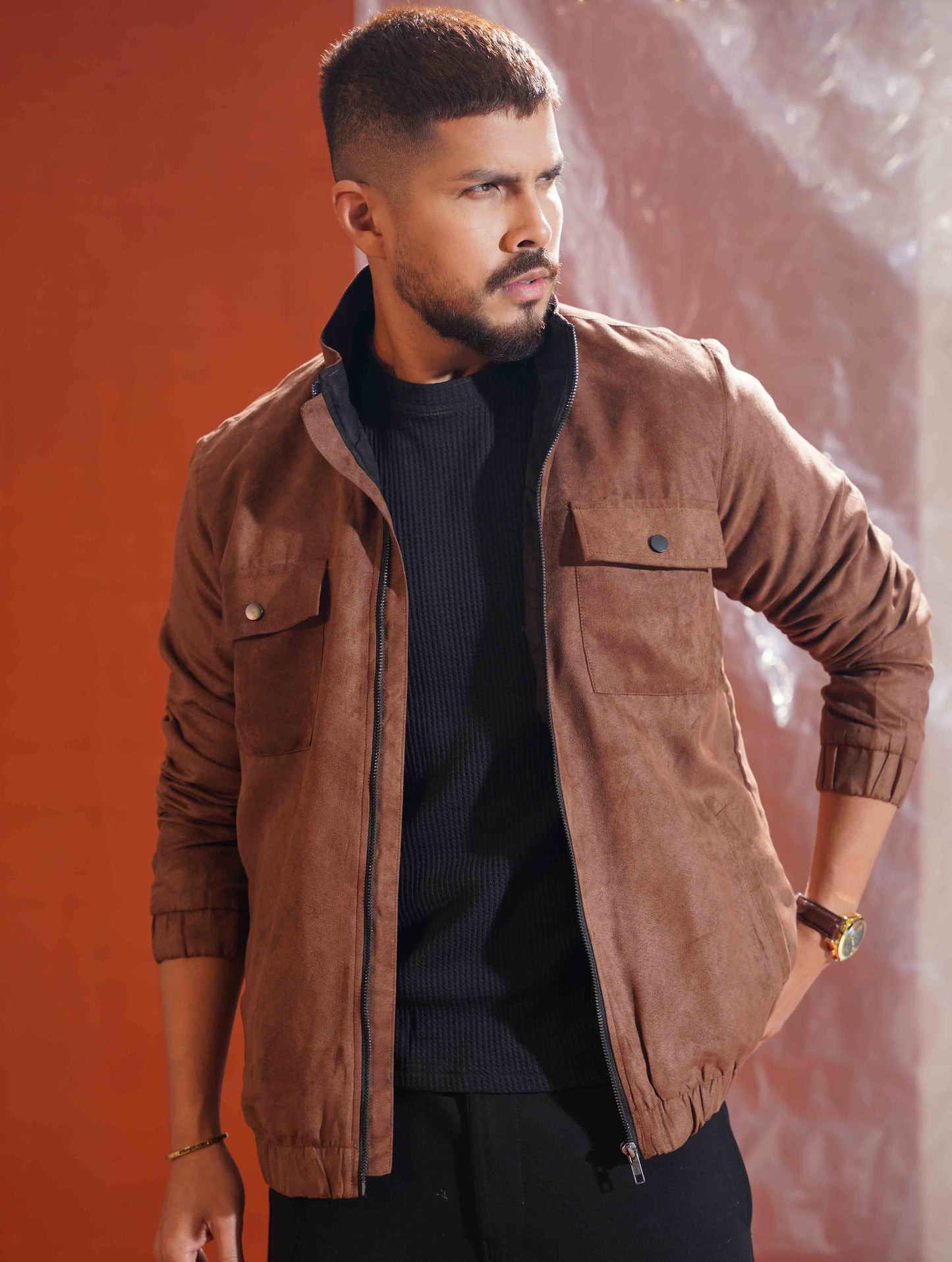 Coffee brown suede leather jacket