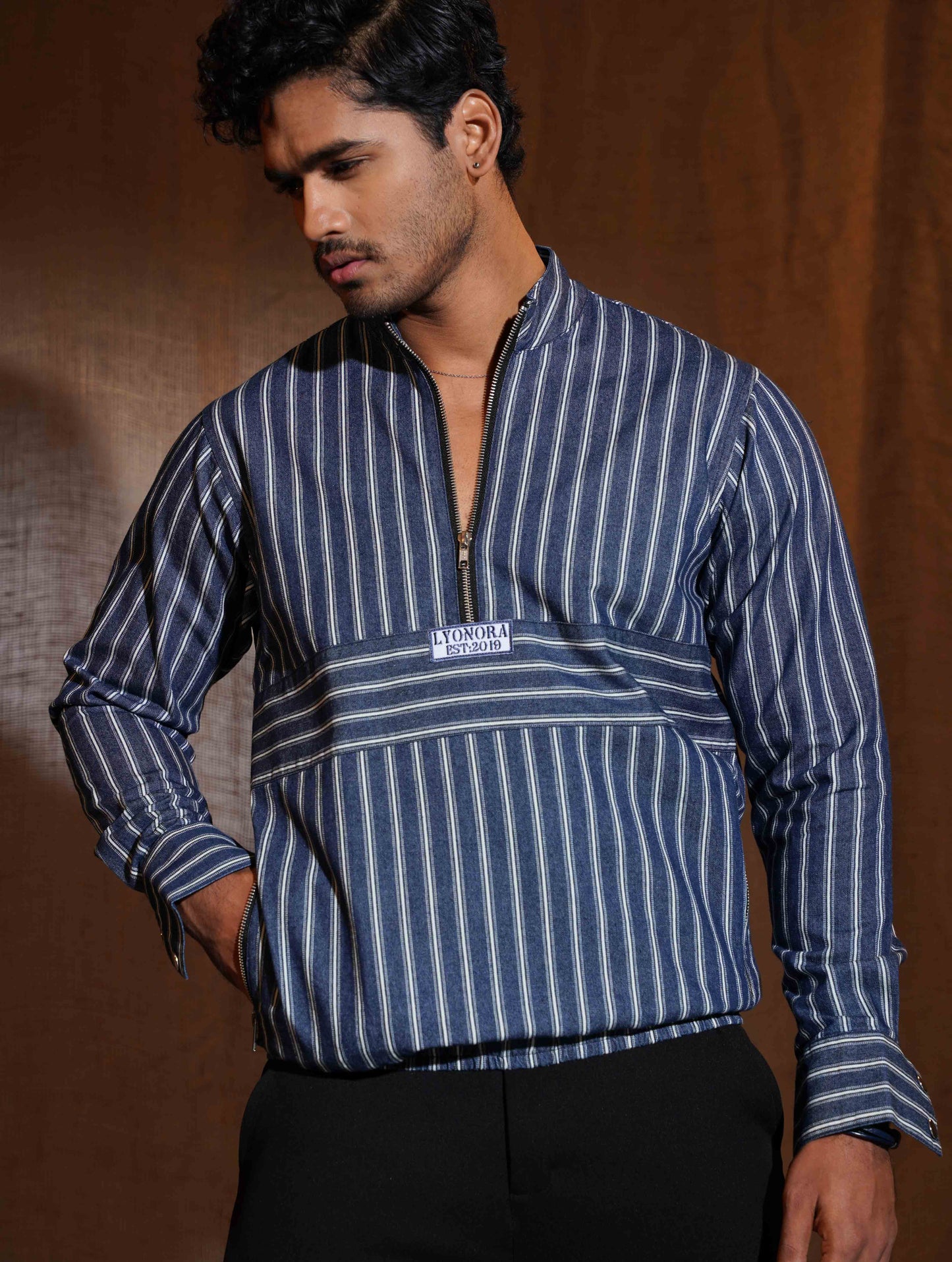 Blue white Thin stripe half zipper jacket