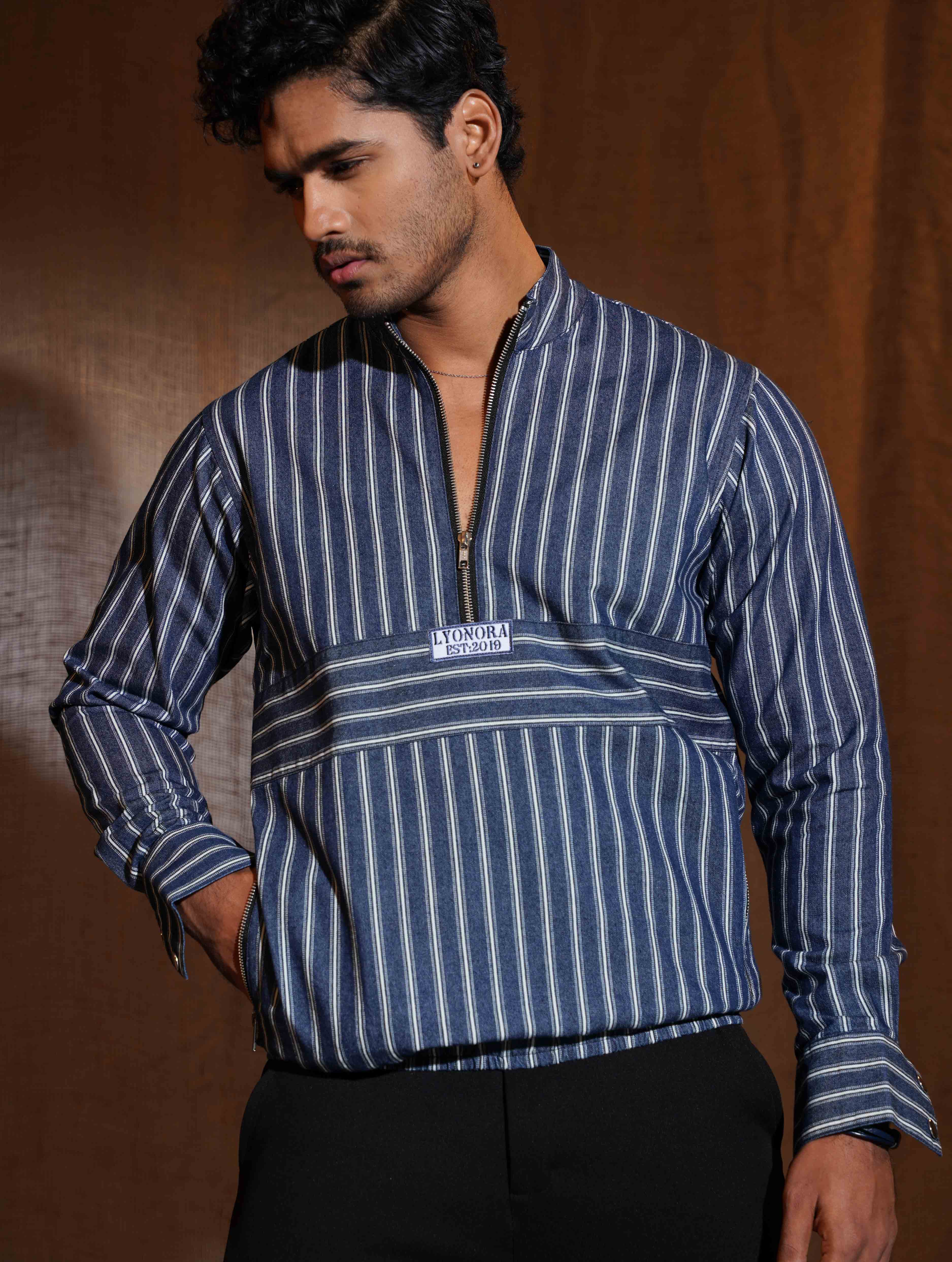 Blue white Thin stripe half zipper jacket