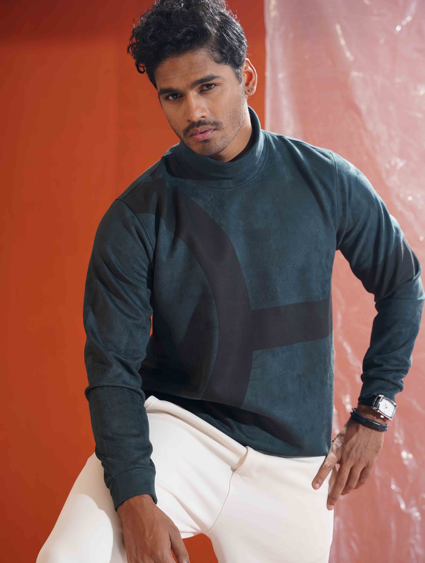 Cadmium green - Black Suede leather High Neck Sweat Shirt