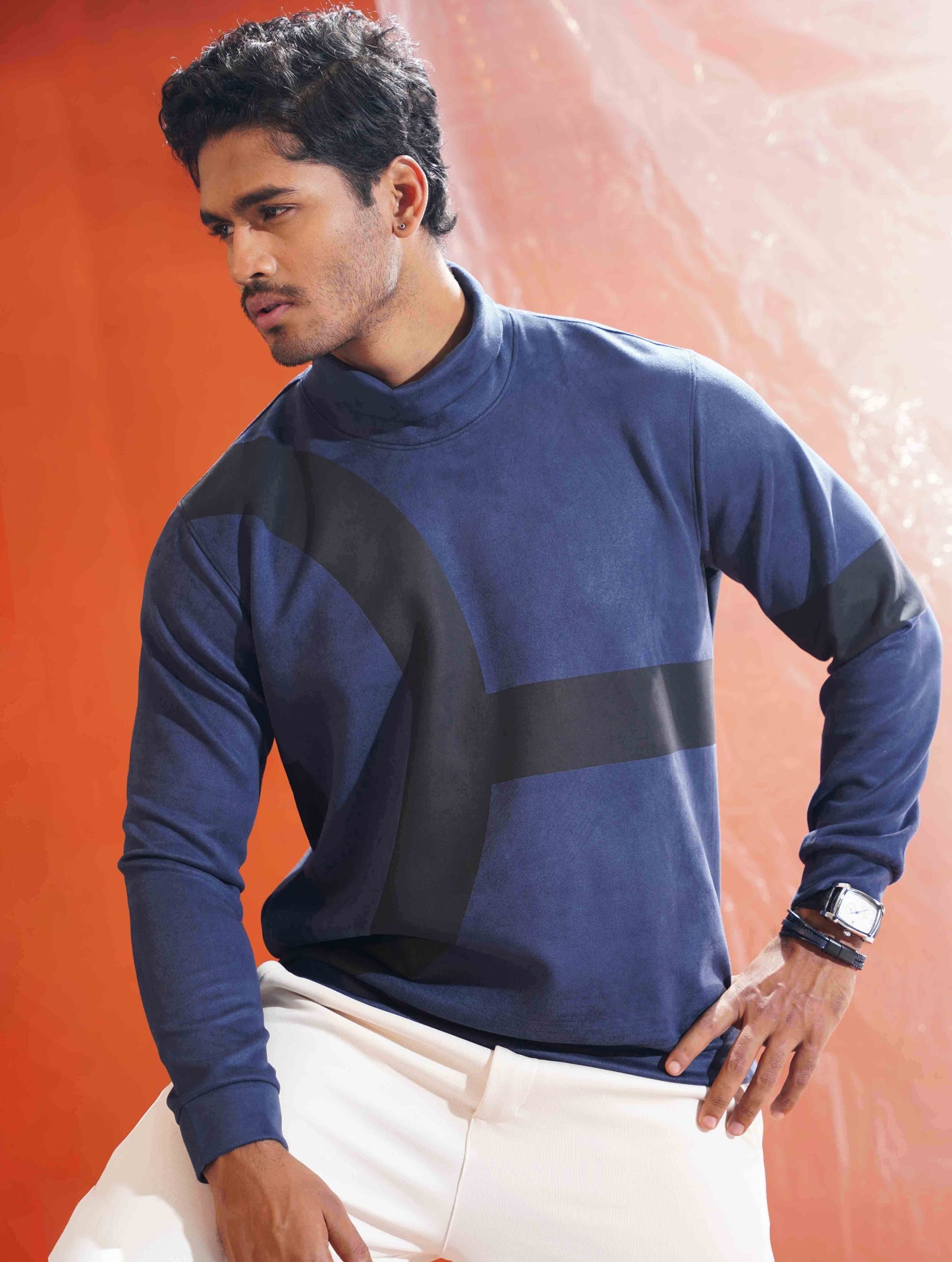 Pewter Blue - Black Suede leather High Neck Sweat Shirt