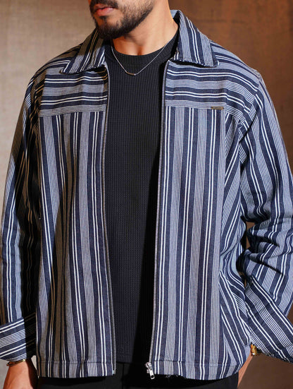 Blue stripe Shoulder Contrast zipper jacket