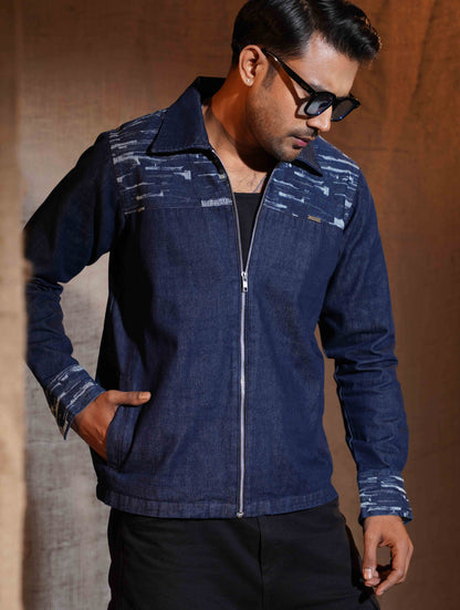 Blue Scratched Shoulder Contrast zipper jacket