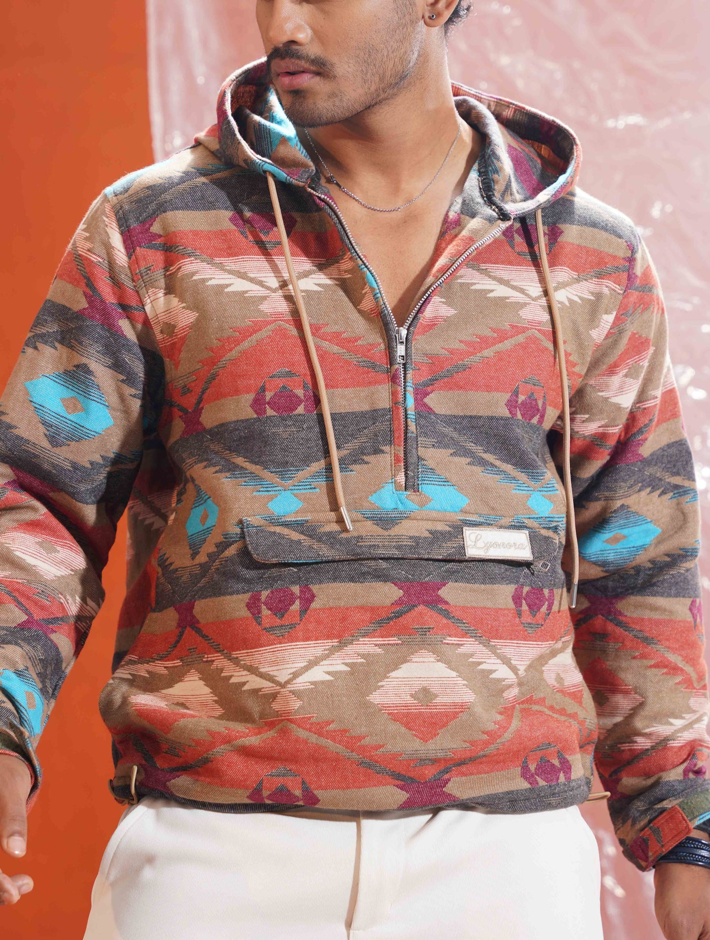 Orange Vintage Printed half zipper hoodie