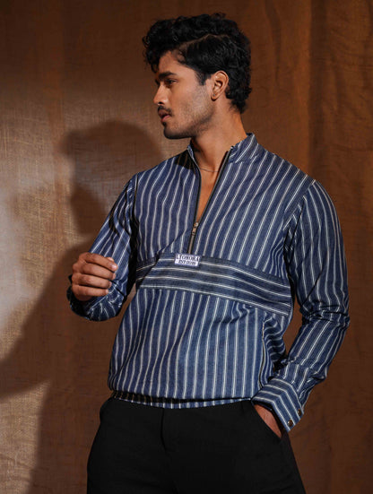 Blue white Thin stripe half zipper jacket